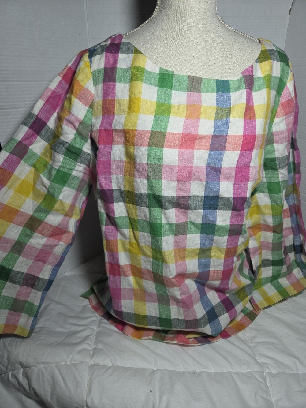 Boden Plaid Check 100% Linen 3/4 sleeve Top Sz 14 Coastal Gingham Fall Festival